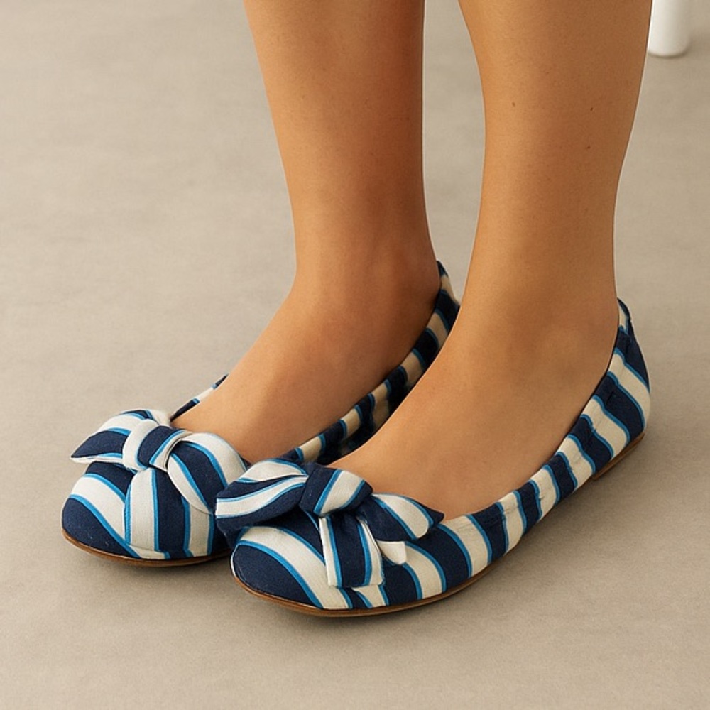 Miu Miu Blue and White Striped Flats with Bow